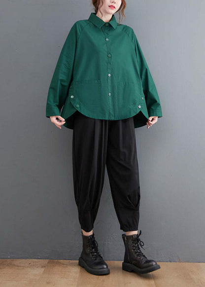 Original Design Blackish Green Oversized Patchwork Cotton Shirt Top Spring