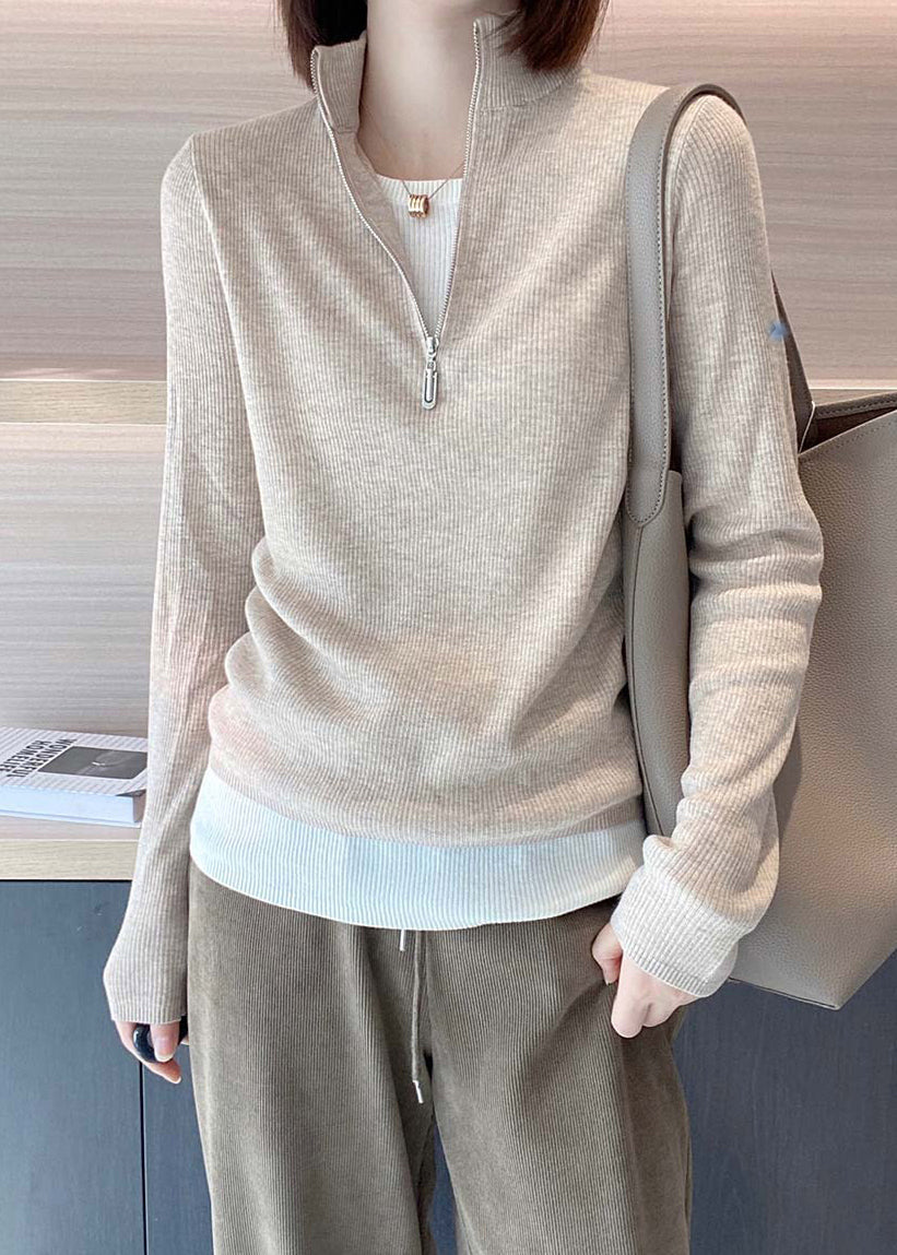 Apricot Stand Collar Zip Up Patchwork Knit Top Fall
