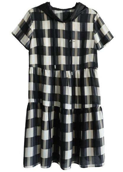 Black Plaid Hooded Patchwork Summer Cotton Dresses