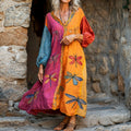 Women's Dragonfly Embroidery Contrast Color V-neck Loose Midi Dress artswardrobe