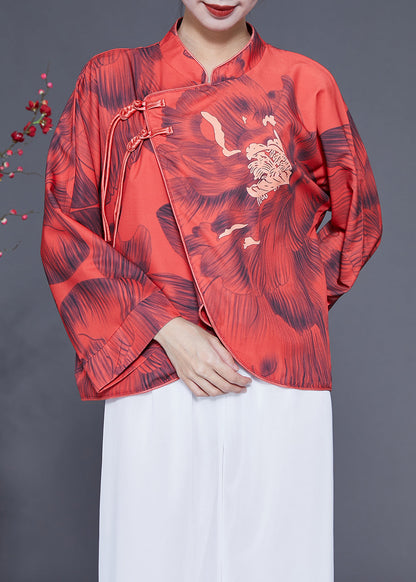Red Mandarin Collar Print Chinese Button Silk Jacket Spring