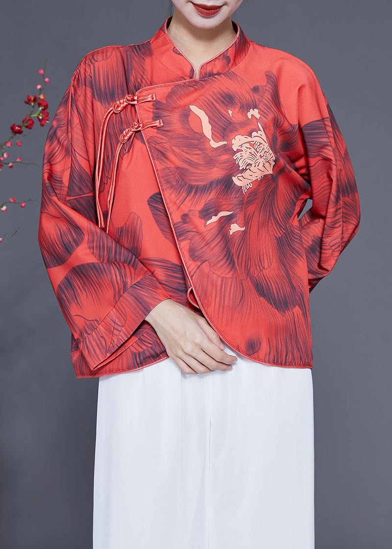 Red Mandarin Collar Print Chinese Button Silk Jacket Spring
