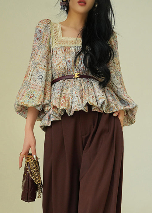 Square Collar Print Lace Up Patchwork Cotton Blouses Fall