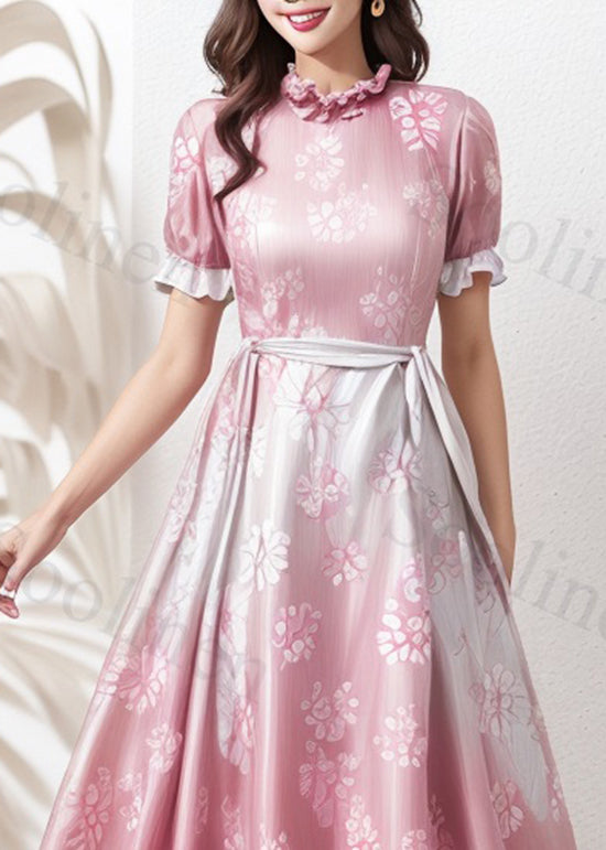 Unique Gradient Pink Ruffled Print Loose Silk Dresses Summer