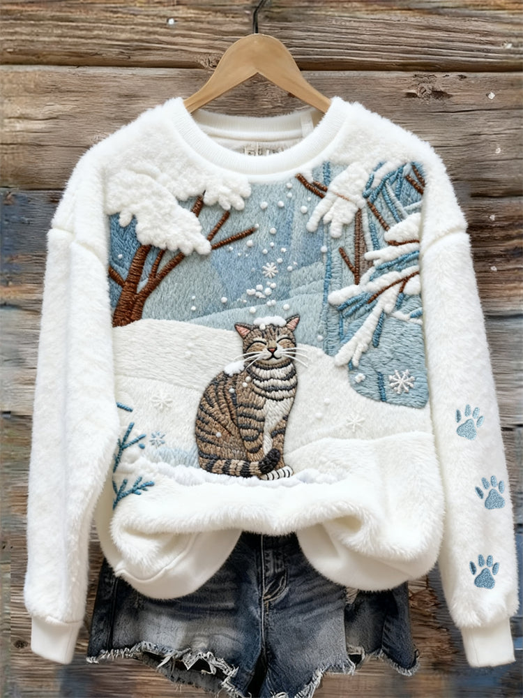 Lovely Cat In Snowy Forest Cozy Plush Sweatshirt elevenforest