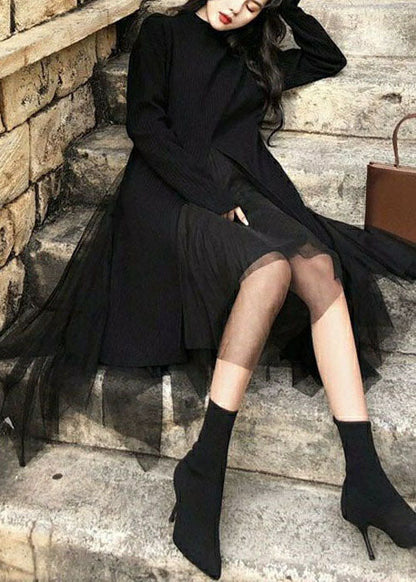 Art Black Asymmetrical Side Open Knit Sweater and Tulle Skirt Two Pieces Set Spring