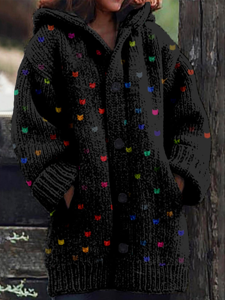 Comstylish Cute Little Kitty Pattern Cozy Hooded Knit Cardigan