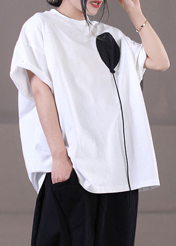 White Patchwork Cotton Original Design Tank Tops O-neck Short Sleeve