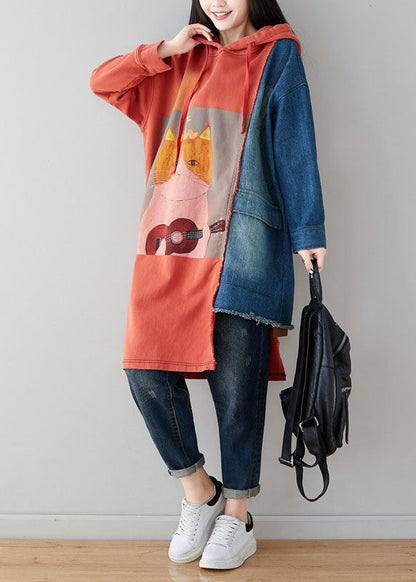 French Orange Asymmetrical Design Cartoon Print Cotton Sweatshirt Dress Spring