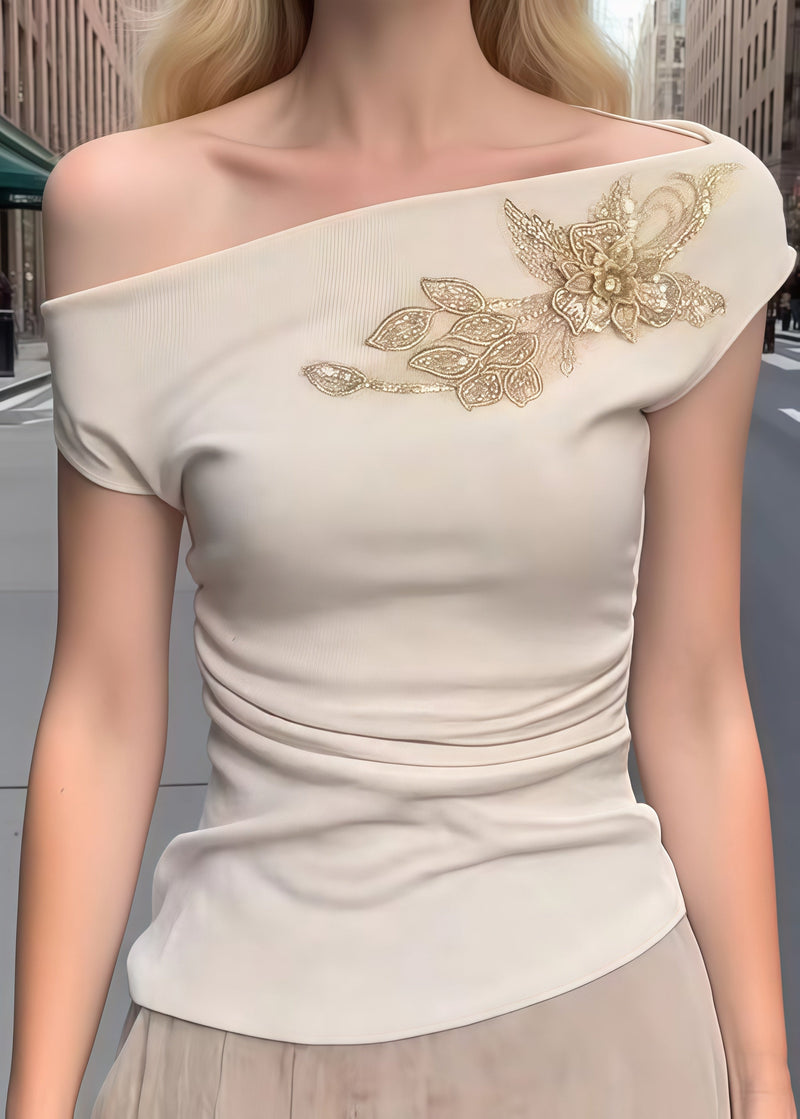 Beige Embroideried Cotton One Shoulder Tops Summer