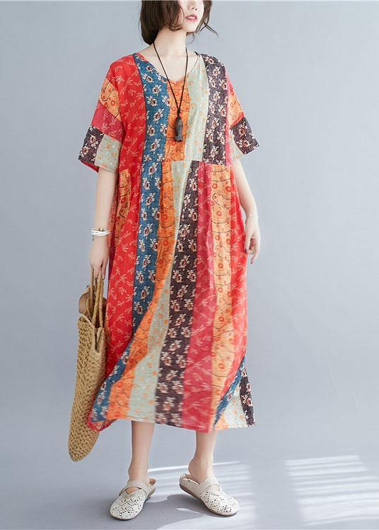 Natural Colorblock Print O-neck Summer Maxi Dresses Half Sleeve