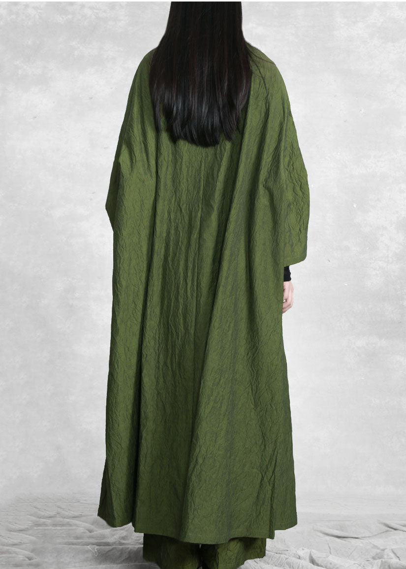 Green V Neck Pockets Trench Coats and Wide Leg Pants Two Pieces Set Spring
