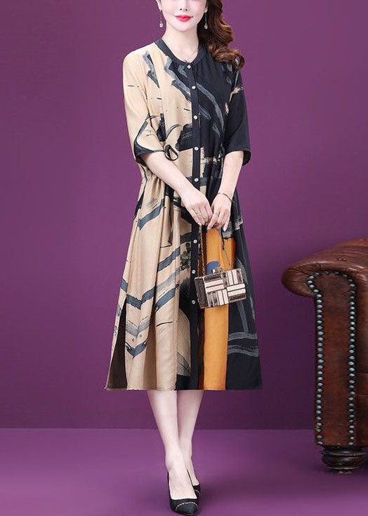 Colorblock Drawstring Side Open Print Silk Dresses Summer