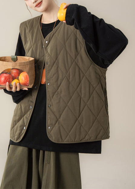 Green Button Cotton Filled Waistcoat and Black T Shirt Two Pieces Set V Neck