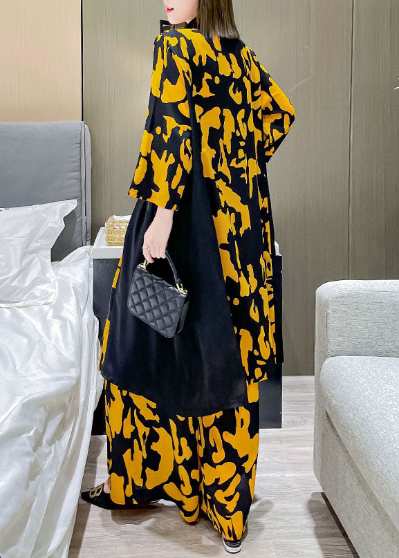 Yellow Peter Pan Collar Patchwork Silk Shirt Wide Leg Pants Two Pieces Set Spring