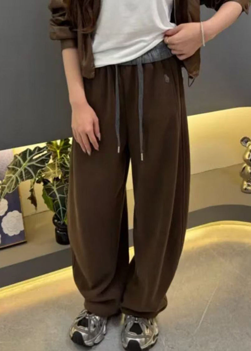 Apricot Elastic Waist Warm Fleece Wide Leg Pants Winter