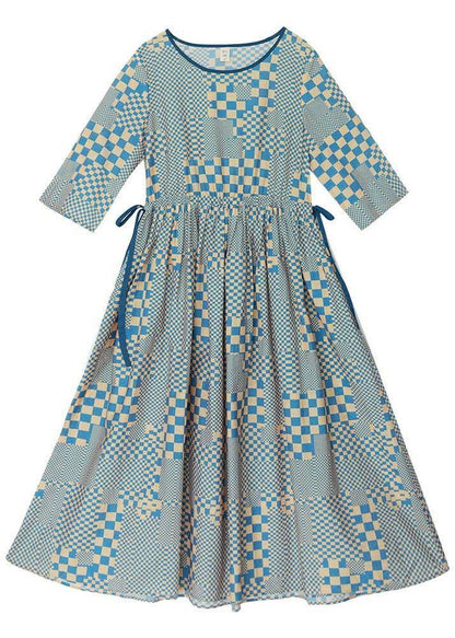 Art Yellow Blue Plaid Tie Waist Dress Summer Linen Dress