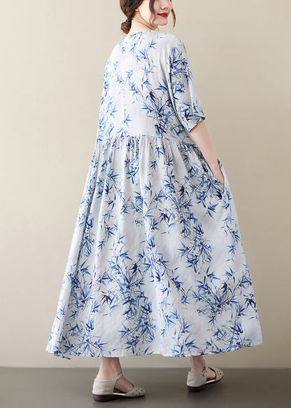 Blue Print Wrinkled Patchwork Robe Dresses Summer