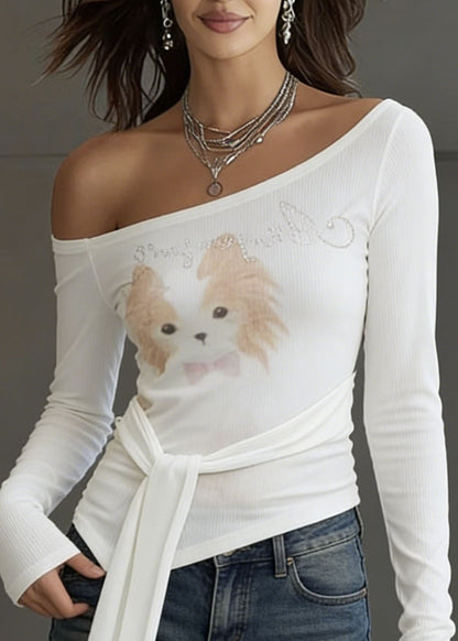 White Cold Shoulder Print Zircon Cotton Tops Spring