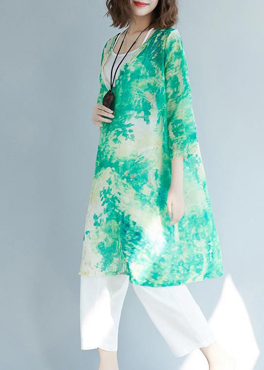 Organic Green Print Shirts V Neck Pockets Blouses