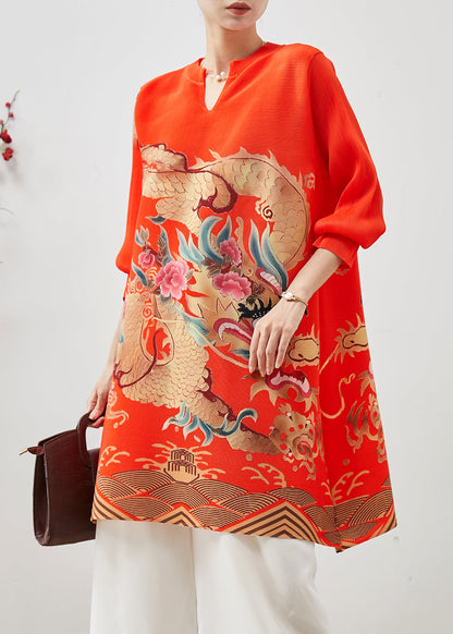 Red Dragon Print Cotton Short Dress Spring