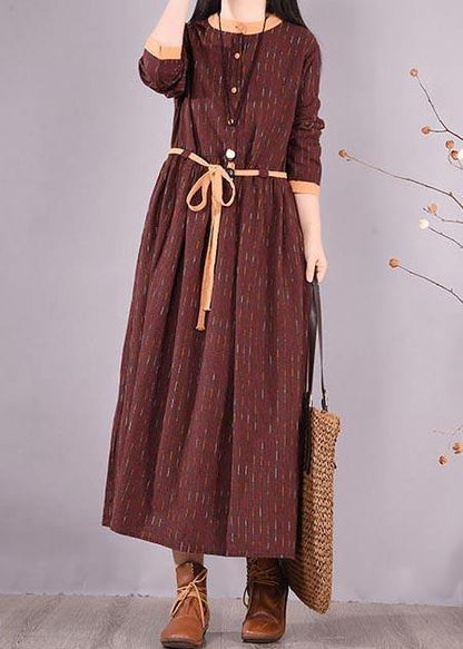 Modern O Neck Tie Waist Spring Wardrobes Shirts Burgundy Striped Dresses