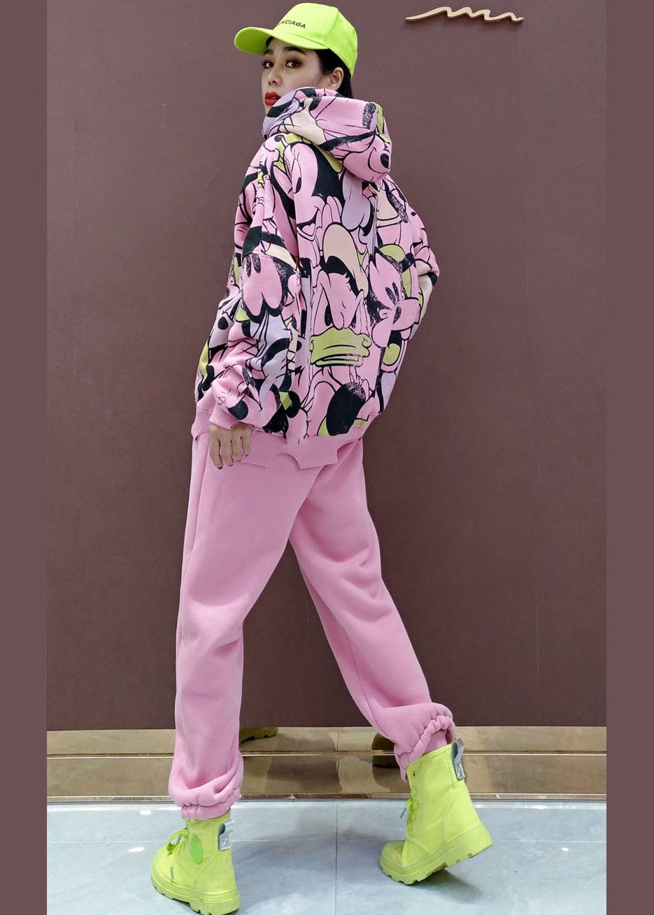 Pink Animal Print Warm Fleece Two Pieces Set Drawstring Spring