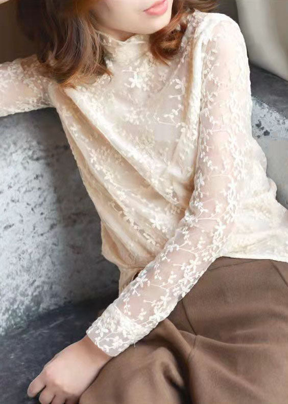 Fitted Milky White Zippered Turtle Neck Lace Tops Spring