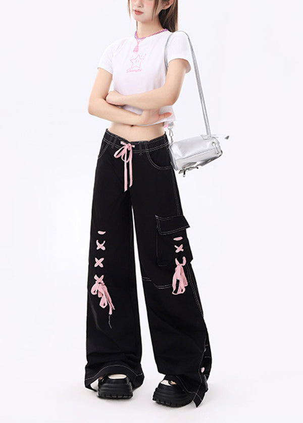 American Spicy Girl Black Color Tie Up Design Straight Leg Jeans Spring
