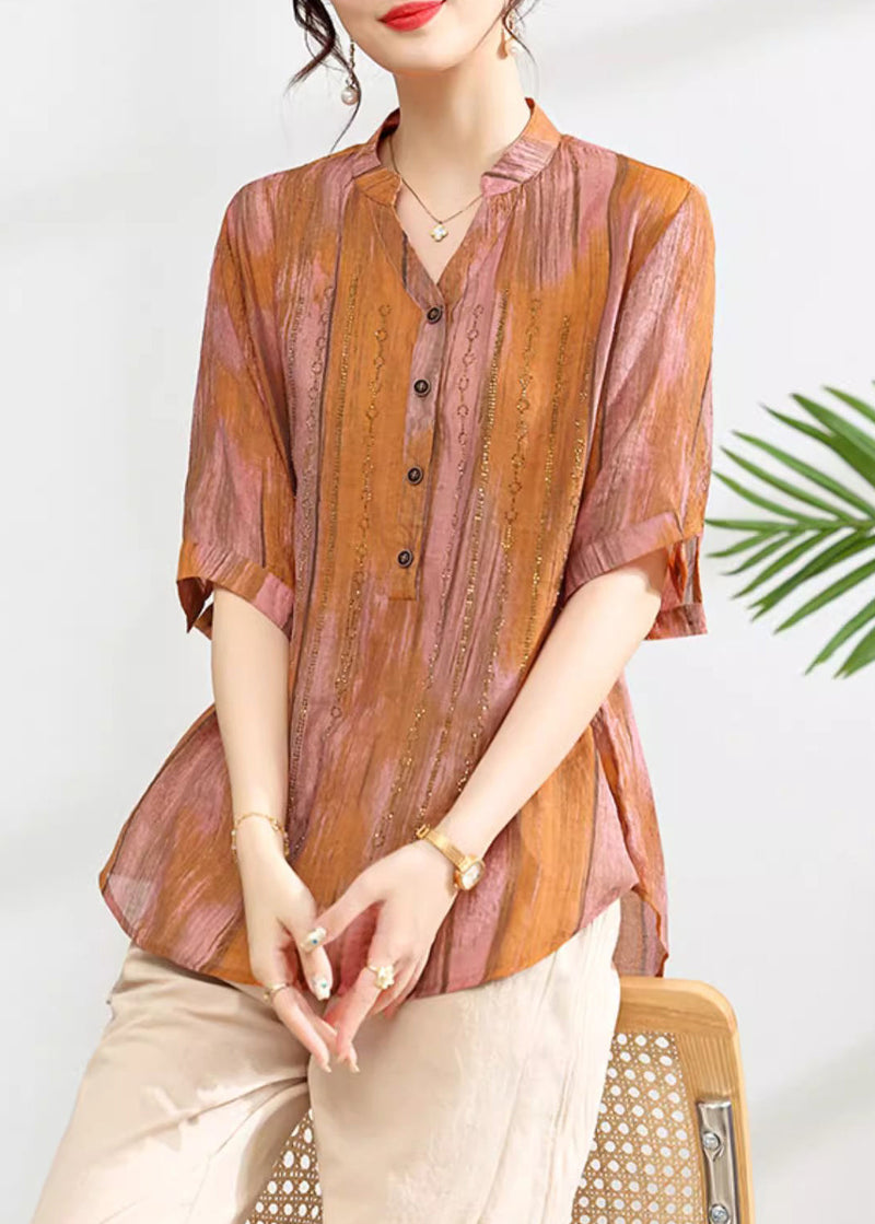 Green V Neck Print Button Cotton Shirt Summer