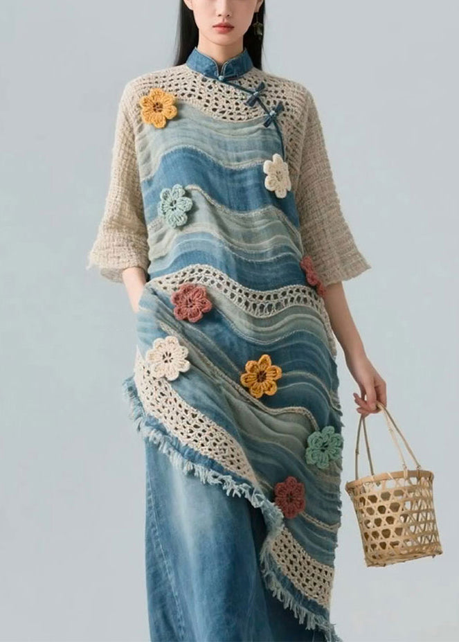 Blue Striped Hollow Out Knit Patchwork Blouses Bracelet Sleeve