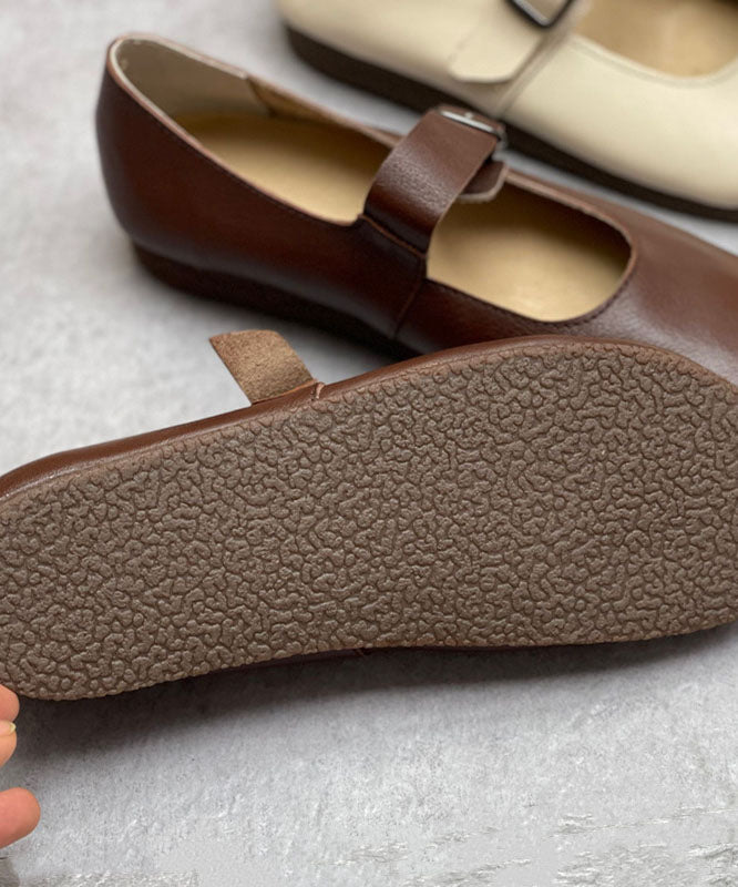 Chocolate Cowhide Leather Flat Shoes for Buckle Strap Flat Shoes for