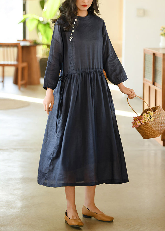 Navy Wrinkled Pockets Patchwork Linen Dresses Fall