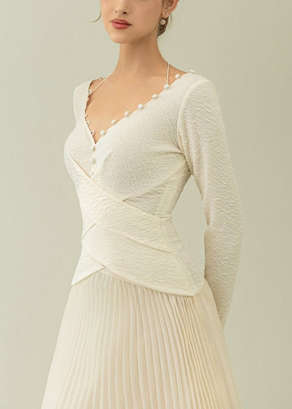 White V Neck Wrinkled Patchwork Cotton Long Dress Fall