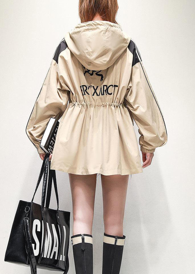 Khaki Pockets Drawstring Cotton Jacket Hooded Embroideried Spring