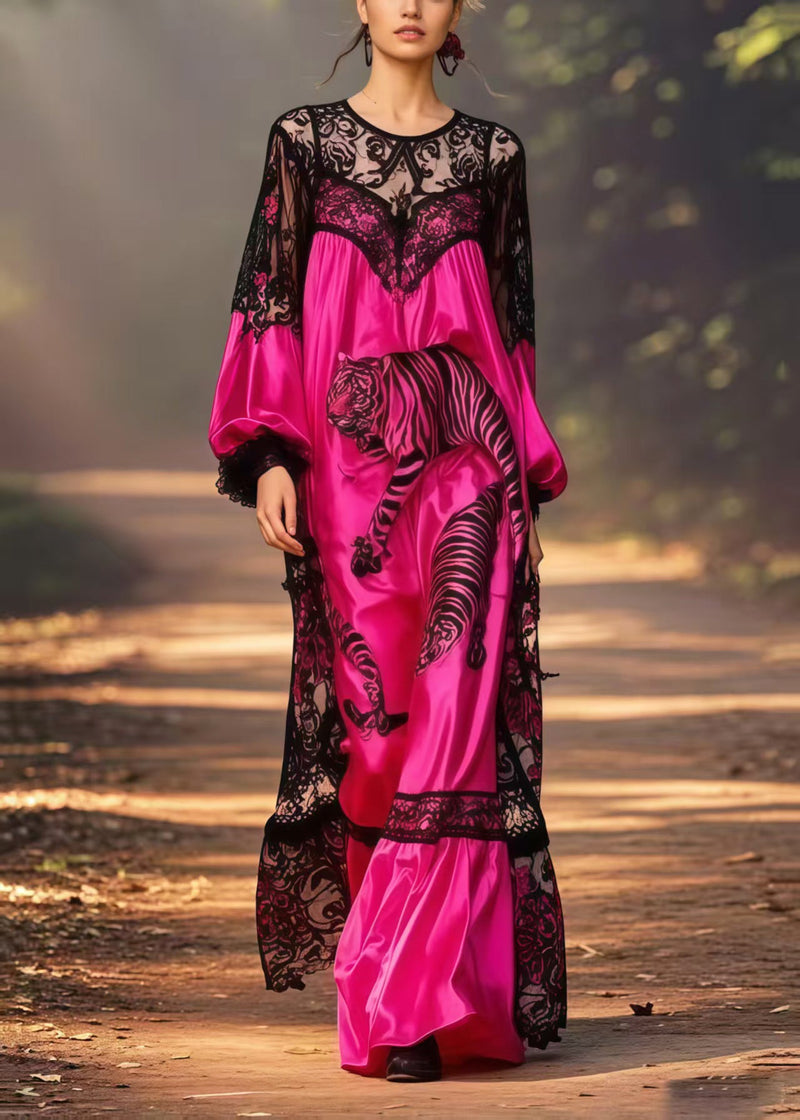 Pitaya Print Patchwork Lace Long Dresses Spring
