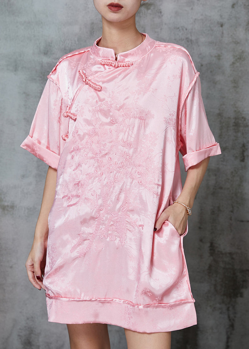 Pink Embroidered Chinese Button Silk Mini Dress Spring