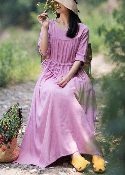 Organic Pink Clothes for O Neck Drawstring Summer Dresses