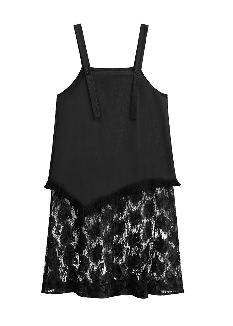 Black Ruffled Lace Patchwork Cotton Strap Dress Summer