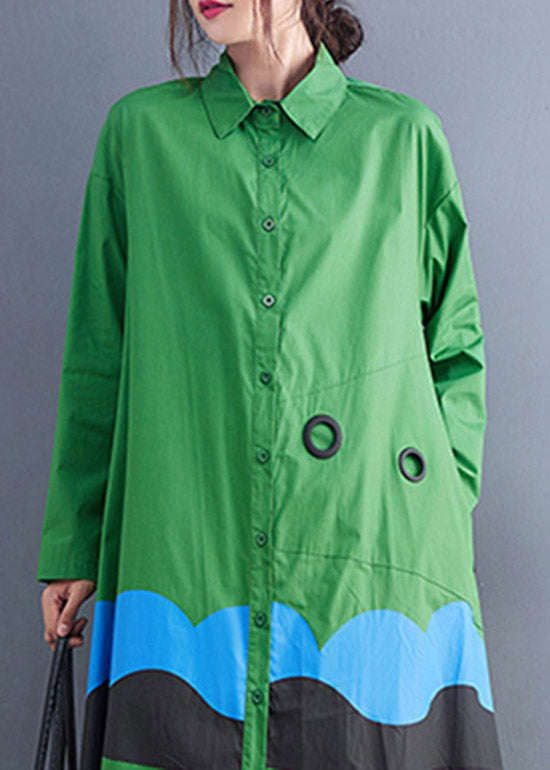 Green Peter Pan Collar Button Print Shirt Dress Spring