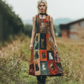 Women's Pop Art Cat Patchwork Design Cotton Line Sling Dress elevenforest