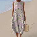Women's Vintage Scottish Thistle Print Linen Sleeveless Dress artswardrobe