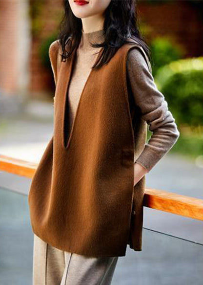Brown Chocolate Side Open Button V Neck Woolen Vest Sleeveless