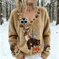 Comstylish Vintage Protect Forest Cute Animal-inspired Cozy Knit V-neck Cardigan