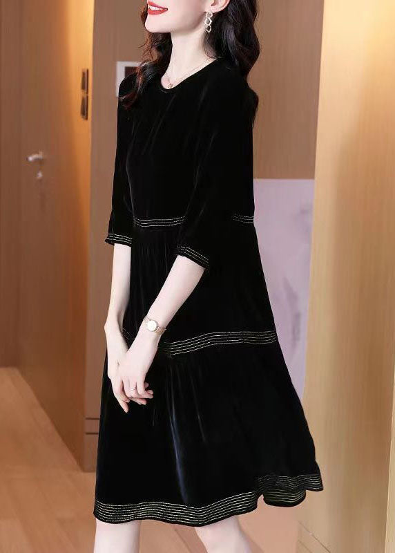 Black O-neck Patchwork Silk Velour Dresses Half Sleeve Fall