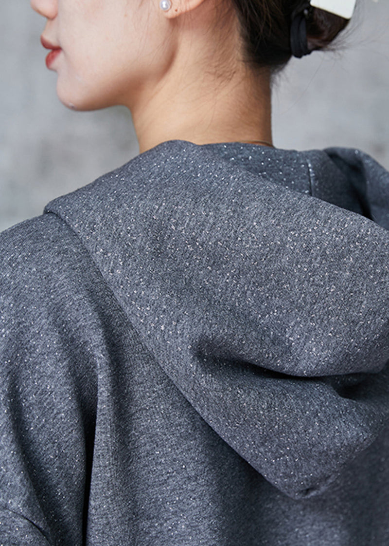 Grey Hooded Sequins Cotton Coat Outwear Spring