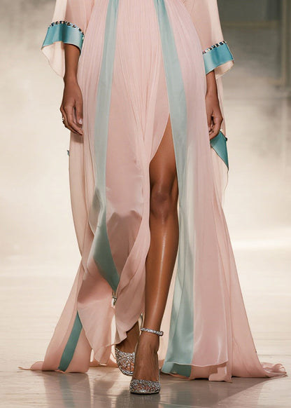 Pink Patchwork Side Open Chiffon Maxi Dress Summer