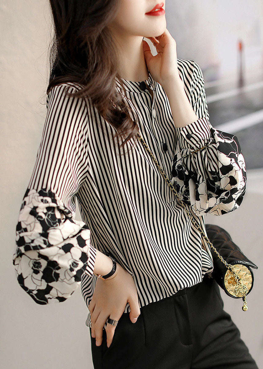 Handmade Black Striped Stand Collar Patchwork Print Chiffon Shirt Long Sleeve Fall