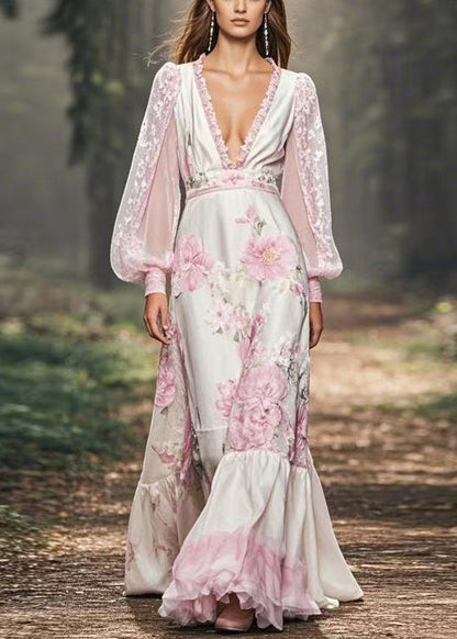 V Neck Print Patchwork Chiffon Maxi Dresses Fall