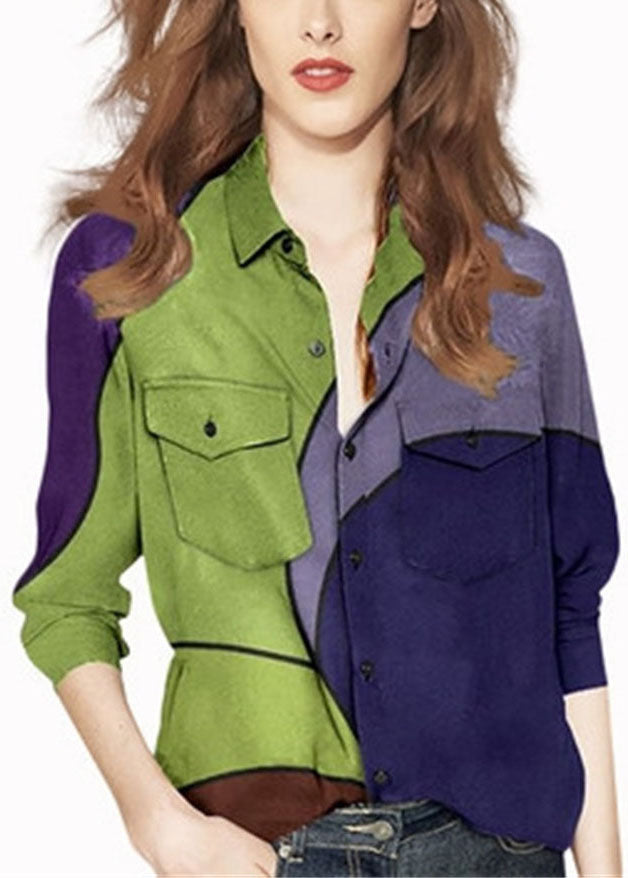 Colorblock Peter Pan Collar Button Pocket Print Shirt Long Sleeve